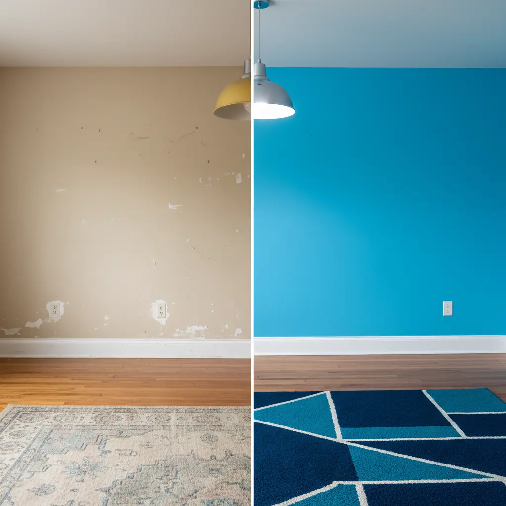 Before and after comparison of a repainted interior wall