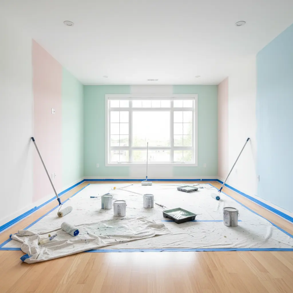 Freshly painted living room with painting tools