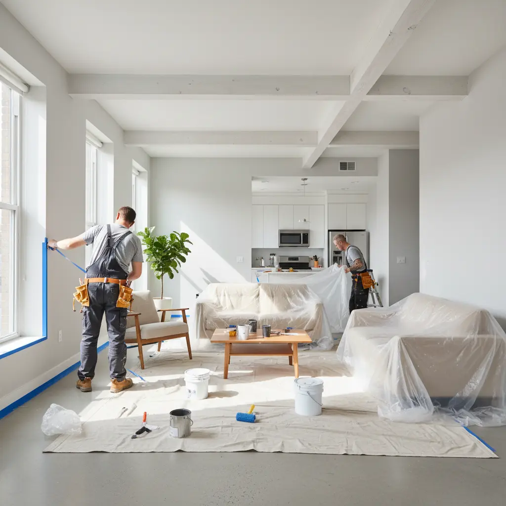 Painter covering furniture before a Vienna apartment repaint